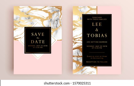 Beautiful set of wedding card templates. Gold collection of geometrical polyhedron, art deco style for wedding invitation, luxury templates, decorative patterns.