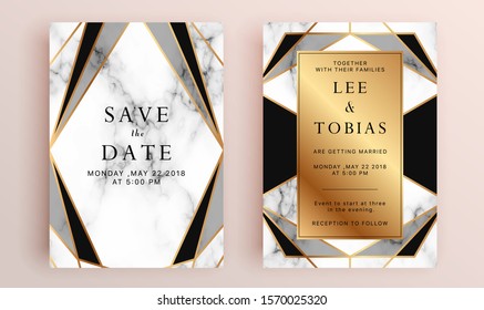 Beautiful set of wedding card templates. Gold collection of geometrical polyhedron, art deco style for wedding invitation, luxury templates, decorative patterns.