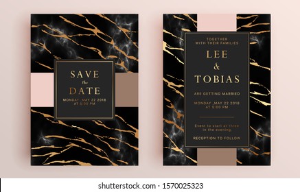 Beautiful set of wedding card templates. Gold collection of geometrical polyhedron, art deco style for wedding invitation, luxury templates, decorative patterns.