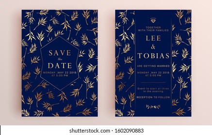 Beautiful set of wedding card templates. Gold collection of geometrical polyhedron, art deco style for wedding invitation, luxury templates, decorative patterns.
