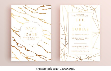 Beautiful set of wedding card templates. Gold collection of geometrical polyhedron, art deco style for wedding invitation, luxury templates, decorative patterns.