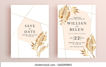 Beautiful set of wedding card templates. Gold collection of geometrical polyhedron, art deco style for wedding invitation, luxury templates, decorative patterns.