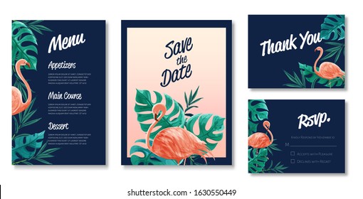 Beautiful set of wedding card templates. Decorated with flamingo and wild leaves in tropical theme.