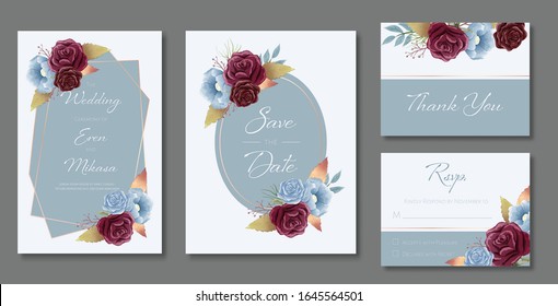 Bonito conjunto de plantillas de tarjetas de boda. Decorada con rosas y hojas silvestres con temática burdeos y azul polvo.