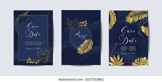 Beautiful set of wedding card templates. Golden collection, art deco style for wedding invitations, luxury templates, decorative patterns.