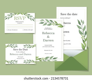 Beautiful set for a wedding with an envelope, invitation and postcards in soft green shades