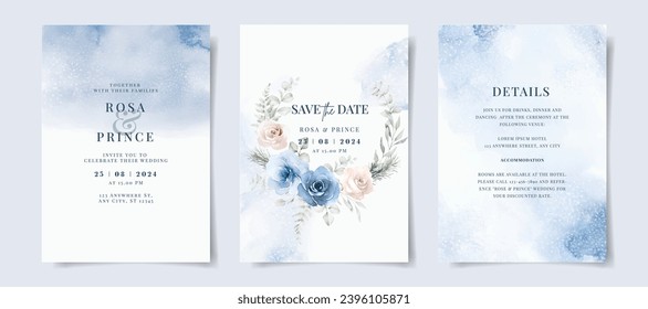 Hermoso conjunto de plantillas de tarjetas de invitación a boda con floral azul y decoración de hojas. Tema del invierno