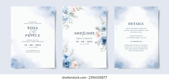 Hermoso conjunto de plantillas de tarjetas de invitación a boda con floral azul y decoración de hojas. Tema del invierno