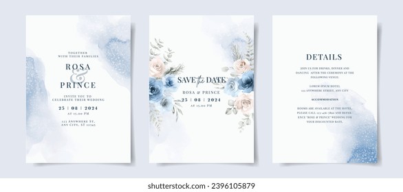 Beautiful set of wedding invitation card template with blue floral and leaves decoration. Winter theme