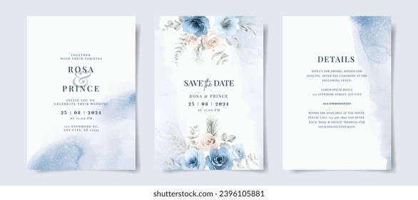 Beautiful set of wedding invitation card template with blue floral and leaves decoration. Winter theme