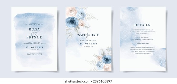 Hermoso conjunto de plantillas de tarjetas de invitación a boda con floral azul y decoración de hojas. Tema del invierno