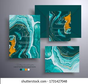 Beautiful set of wedding invitations with stone texture. Agate vector cards with marble effect and swirling paints, turquoise, white and orange colors. Designed for greeting cards, packaging and etc