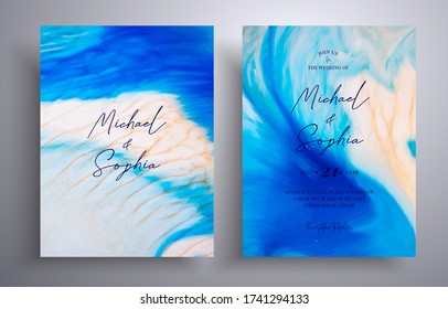 Beautiful set of wedding invitations with stone pattern. Mineral vector covers with marble effect and place for text, blue, white and golden colors. Designed for greeting cards, packaging and etc