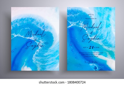 Beautiful set of wedding invitations with stone texture. Agate vector cards with marble effect and swirling paints, blue and white colors. Designed for greeting cards, packaging and etc.