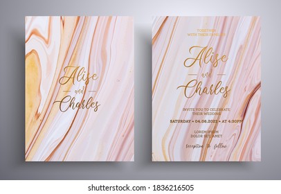 Beautiful set of wedding invitations with stone texture. Mineral vector covers with marble effect and place for text, brown, biege and white colors. Designed for greeting cards, brochures and etc.