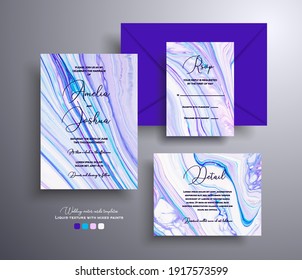 Beautiful set of wedding invitations with stone pattern. Agate vector cards with marble effect and swirling paints, blue, lavender and white colors. Designed for greeting cards, packaging and etc.