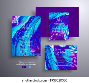 Beautiful set of wedding invitations with stone texture. Mineral vector cards with marble effect and swirling paints, purple, blue and turquoise colors. Designed for greeting cards, brochures and etc.