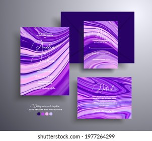 Beautiful set of wedding invitations with stone pattern. Mineral vector covers with marble effect and place for text, purple, pink and navy blue colors. Designed for posters, packaging and etc.