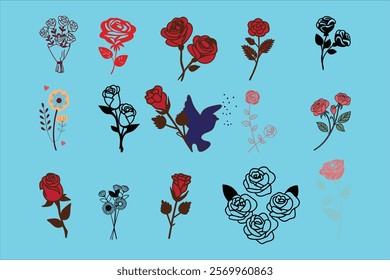 A beautiful set of wedding rose silhouettes in cartoon vector style. Perfect for romantic designs, invitations, decorations, and more. Elegant floral illustrations for timeless elegance.