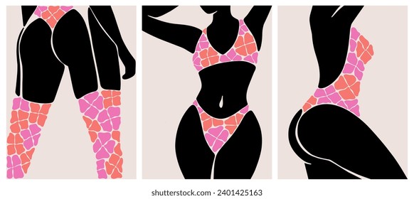 Beautiful set woman body art, girl in underwear or swimsuit. Minimalist female figure. Set of abstract trendy creative artistic posters. Vector