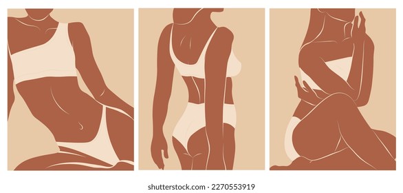  Beautiful set woman body silhouette art, beauty sketch figure girl in underwear or swimsuit beige color. Minimalist female figure. Abstract art. Vector illustration