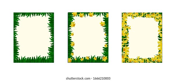 Beautiful set with yellow spring floral frames on white background. Daffodils invitation template. Vector illustration.
