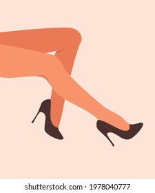 Beautiful Sexy Bare Legs Of Woman In Black High Heel Shoes Vector Illustration. Woman Wearing Black Shoes With Her Bare Legs Isolated. Elegant Crossed Long Bare Shapely Female Legs With Feet