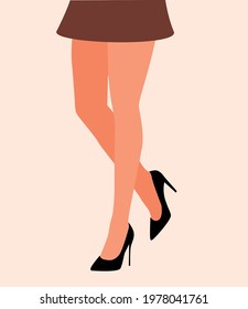 Beautiful Sexy Bare Legs Of Woman In Black High Heel Shoes Vector Illustration. Woman Wearing Short Skirtand Black Shoes With Her Bare Legs Isolated. Elegant Crossed Long Bare Shapely Female Legs