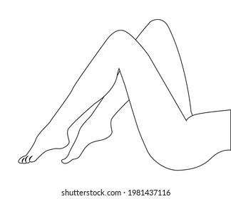 Beautiful sexy bare legs of woman silhouette outline drawing vector illustration. Woman lying and lifting her bare feet, linear sketching. Elegant crossed long bare shapely female legs line icon
