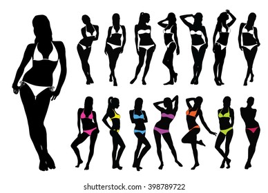 Beautiful sexy bikini girls standing in different poses. Black silhouette of slim woman body with white and colored dress on it. Modern fashion style. Pinup. Vector illustration. 