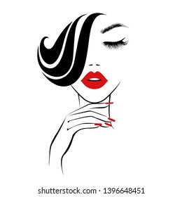 Beautiful sexy face, red lips, hand with red manicure nails, fashion woman, element design, nails studio, curly hairstyle, hair salon sign, icon. Beauty Logo. Vector illustration. Hand drawing style.