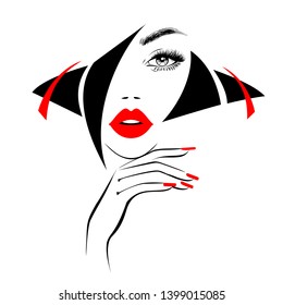 Beautiful sexy face, red lips, hand with red manicure nails, fashion woman, element design, nails studio, curly hairstyle, hair salon sign, icon. Beauty Logo. Vector illustration. Hand drawing style.