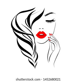 Beautiful Sexy Face, Red Lips, Hand With Red Manicure Nails, Fashion Woman, Element Design, Nails Studio, Curly Hairstyle, Hair Salon Sign, Icon. Beauty Logo. Vector Illustration. Hand Drawing Style.