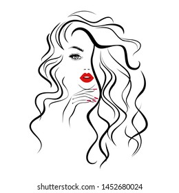 Beautiful Sexy Face, Red Lips, Hand With Red Manicure Nails, Fashion Woman, Element Design, Nails Studio, Curly Hairstyle, Hair Salon Sign, Icon. Beauty Logo. Vector Illustration. Hand Drawing Style.