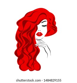 Beautiful sexy face, red lips, hand with red manicure nails, fashion woman, element design, nails studio, curly hairstyle, hair salon sign, icon. Beauty Logo. Vector illustration. Hand drawing style.