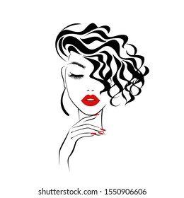 Beautiful Sexy Face, Red Lips, Hand With Red Manicure Nails, Fashion Woman, Element Design, Nails Studio, Curly Hairstyle, Hair Salon Sign, Icon. Beauty Logo. Vector Illustration. Hand Drawing Style.