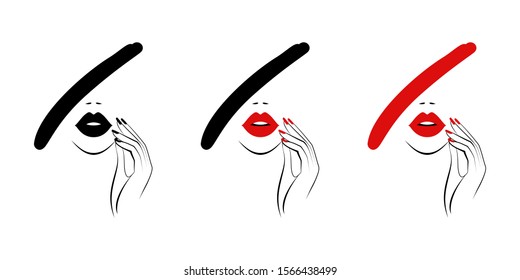 Beautiful sexy face, red lips, hand with red manicure nails, fashion woman, element design, nails studio, hairstyle, hair salon sign, icon. Beauty Logo. Vector illustration. Hand drawing style.