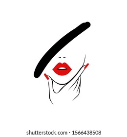 Beautiful sexy face, red lips, hand with red manicure nails, fashion woman, element design, nails studio, hairstyle, hair salon sign, icon. Beauty Logo. Vector illustration. Hand drawing style.