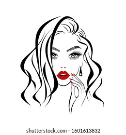 Beautiful Sexy Face, Red Lips, Hand With Red Manicure Nails, Fashion Woman, Element Design, Nails Studio, Curly Hairstyle, Hair Salon Sign, Icon. Beauty Logo. Vector Illustration. Hand Drawing Style.