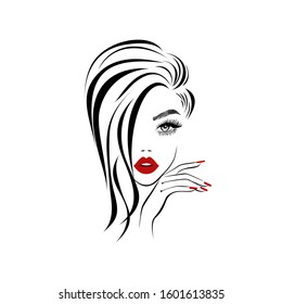 Beautiful Sexy Face, Red Lips, Hand With Red Manicure Nails, Fashion Woman, Element Design, Nails Studio, Curly Hairstyle, Hair Salon Sign, Icon. Beauty Logo. Vector Illustration. Hand Drawing Style.