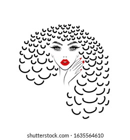 Beautiful sexy face, red lips, hand with red manicure nails, fashion woman, element design, nails studio, curly hairstyle, hair salon sign, icon. Beauty Logo. Vector illustration. Hand drawing style.