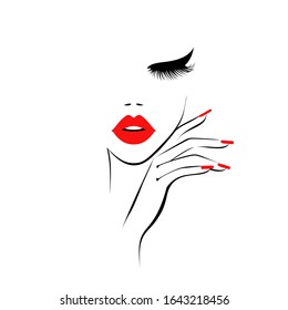 Beautiful Sexy Face, Red Lips, Hand With Red Manicure Nails, Fashion Woman, Eyelash Extensions, Nail Studio, Curly Hairstyle, Hair Salon Sign, Icon. Beauty Logo. Vector Illustration.