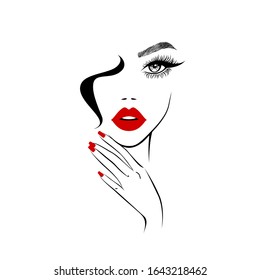 Beautiful Sexy Face, Red Lips, Hand With Red Manicure Nails, Fashion Woman, Eyelash Extensions, Nail Studio, Curly Hairstyle, Hair Salon Sign, Icon. Beauty Logo. Vector Illustration.