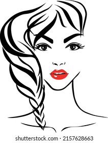 Hermosa cara sexy, labios rojos, mujer de moda, diseño de elementos, peinado rizado, signo de peluquería, icono. Logo De Belleza. Ilustración vectorial. Estilo de dibujo manual.