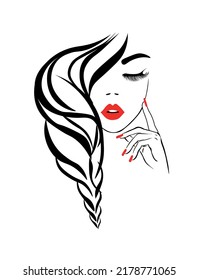 Hermosa cara sexy, labios rojos, mano con uñas de manicura roja, mujer de moda, diseño de elementos, estudio de uñas, peinado rizado, signo de peluquería, icono