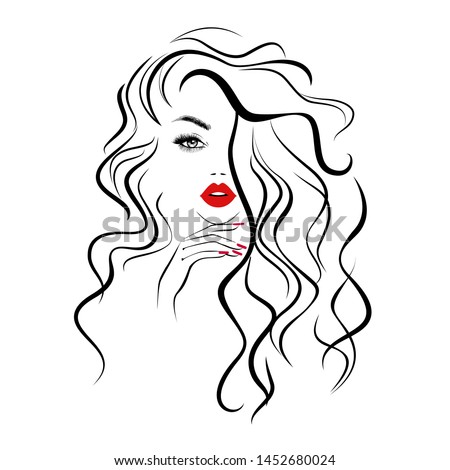 Beautiful sexy face, red lips, hand with red manicure nails, fashion woman, element design, nails studio, curly hairstyle, hair salon sign, icon. Beauty Logo. Vector illustration. Hand drawing style.