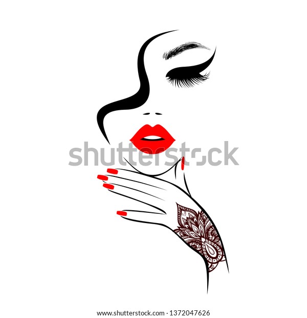 美しいセクシーな顔 赤い唇 赤いマニキュアの爪と曼荼羅を持つ手 ファッション女性 ネイル スタジオ 巻き毛の髪型 ヘアサロンのサイン アイコン 美しいロゴ ベクターイラスト 手描きのスタイル のベクター画像素材 ロイヤリティフリー