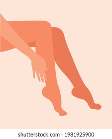 Beautiful Sexy Female Bare Legs And Hand Flat Vector Illustration. Close Up Of Woman's Bare Legs Isolated On White Background. Elegant Crossed Long Bare Shapely Female Legs With Her Hand Cartoon Style
