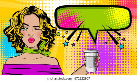 Beautiful sexy female girl blonde hair, wink wow face kiss mouth style pop art hand hold coffee mug mock up. Comic book retro texture halftone background. Vector illustration. Comic text speech bubble
