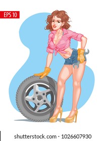 Beautiful Sexy Girl In Car Repair Service With Wheel And Spanner Vector Illustration.